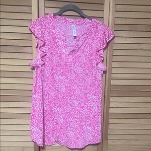 Elegant Pink Paisley Ruffle Blouse